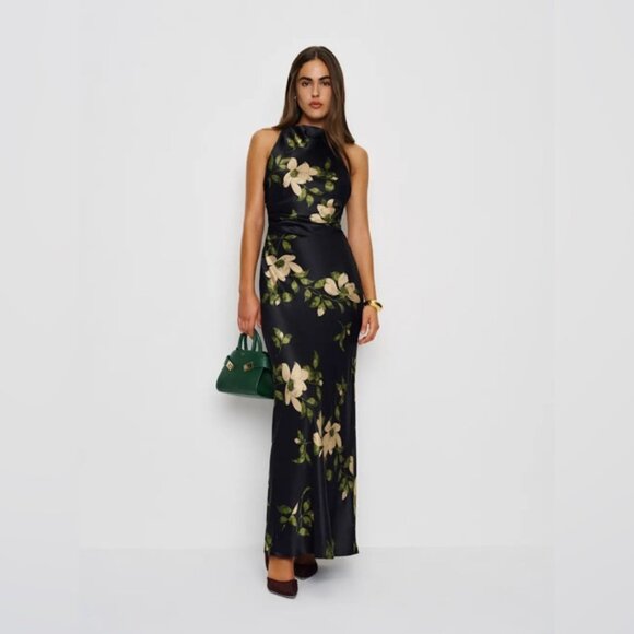 NEW Reformation Anaiis Silk Long Black Floral Backless Dress Mood for Love US 2 - Picture 13 of 16
